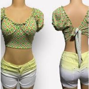 Love J Green Multicolored Tie Back Crop Top NWT